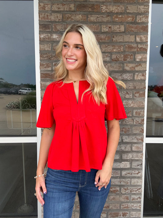 V Neck Flutter Sleeve Top Red