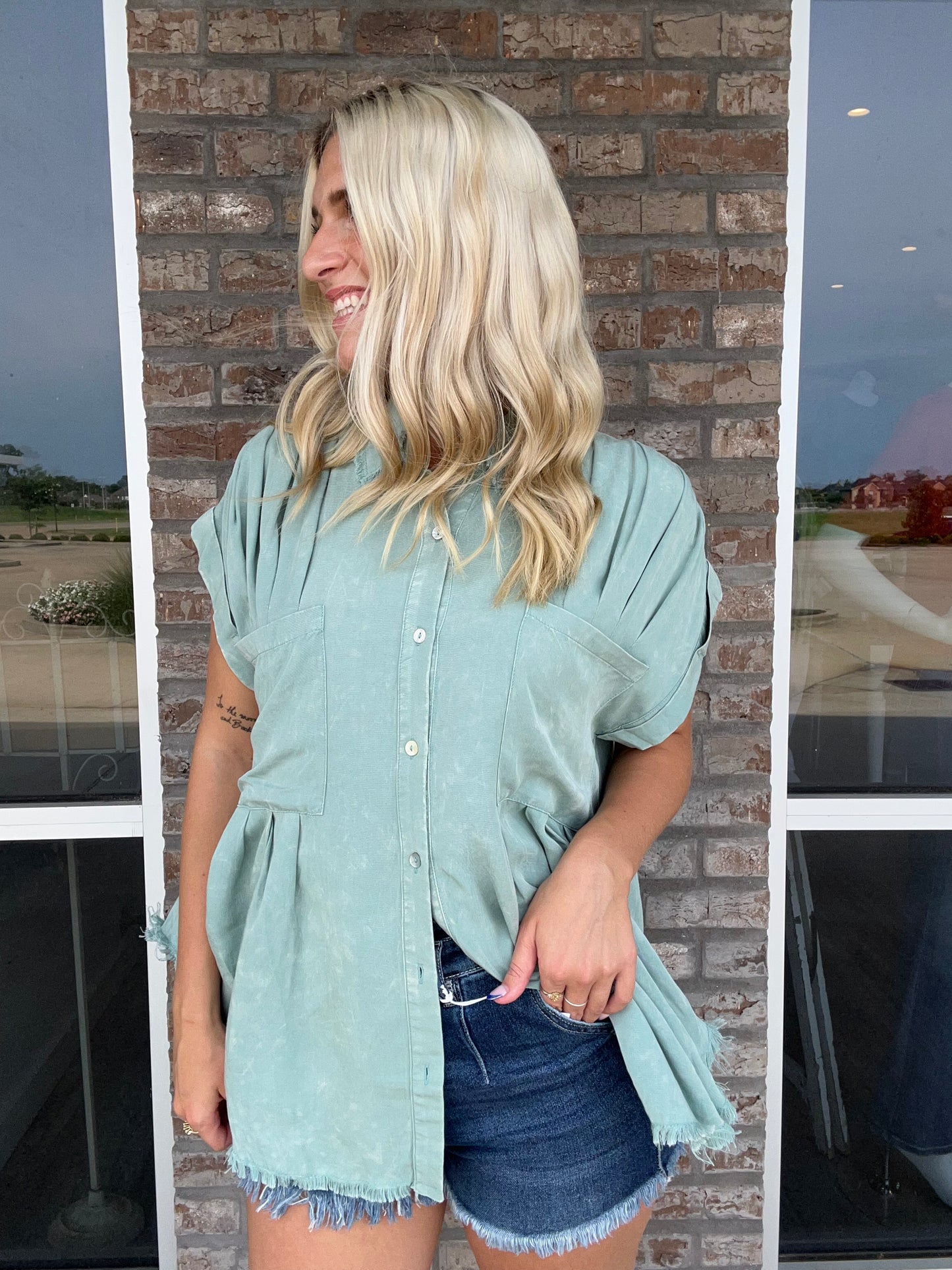 Mineral washed Pleated Top Sage