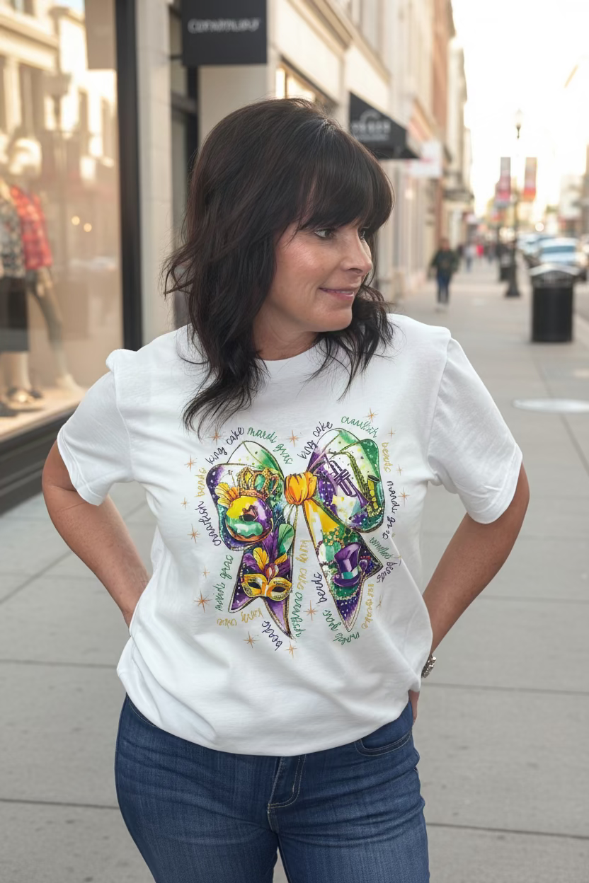 Mardi Gras Bow Graphic Tee - Jolie Femme Boutique