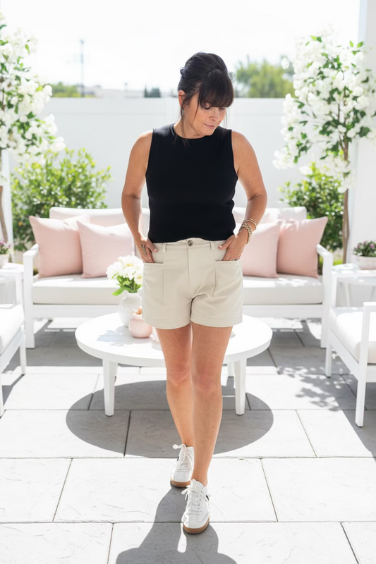 Twill Box Pleat Khaki Shorts - Jolie Femme Boutique