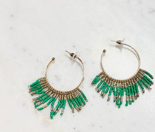 Gold Hoop W/Green Beaded Tassels