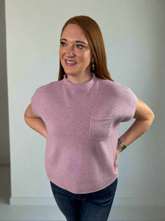 Short Sleeve Sweater Top W/Pocket