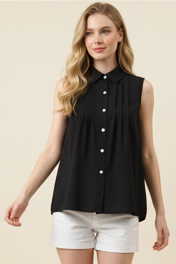 Black Sleeveless Pleated Button-Down Shirt