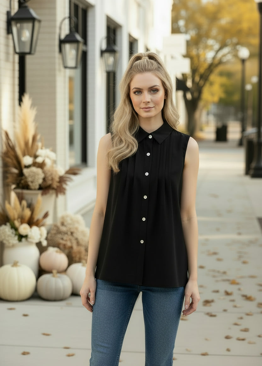Black Sleeveless Pleated Button-Down Shirt