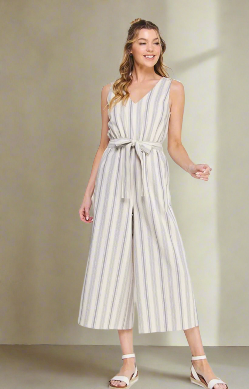 Stripe V-Neck Sleeveless Jumpsuit - Jolie Femme Boutique
