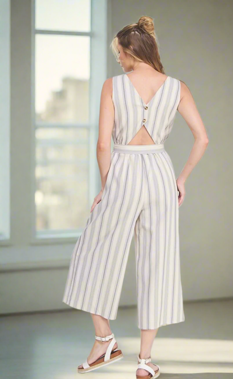 Stripe V-Neck Sleeveless Jumpsuit - Jolie Femme Boutique