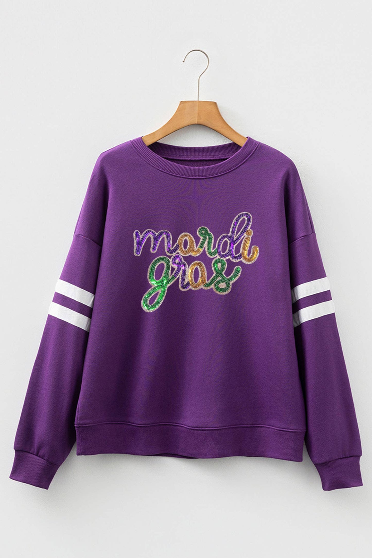 PREORDER-Sequin Mardi Gras Letter Graphic Varsity Sweatshirt