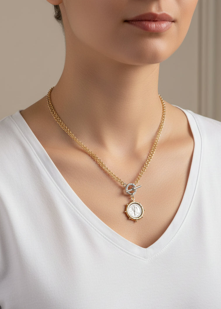 Gold Chain with Toggle and Silver and Gold Coin Charm Necklace 17" - Jolie Femme Boutique