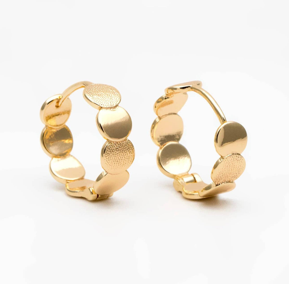 Bella Rey gold mini circle huggie hoop necklace on a white background
