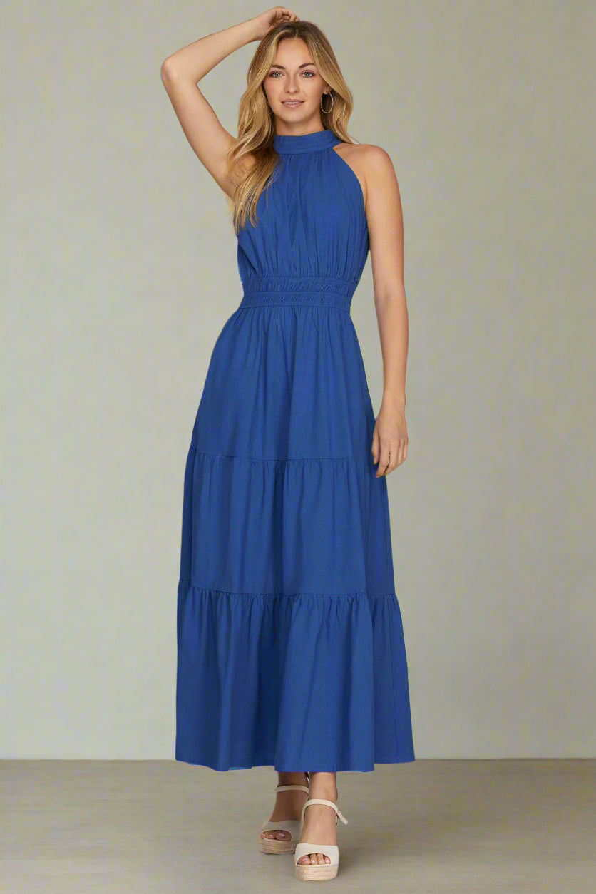 Navy Halter Tiered Maxi Dress - Jolie Femme Boutique