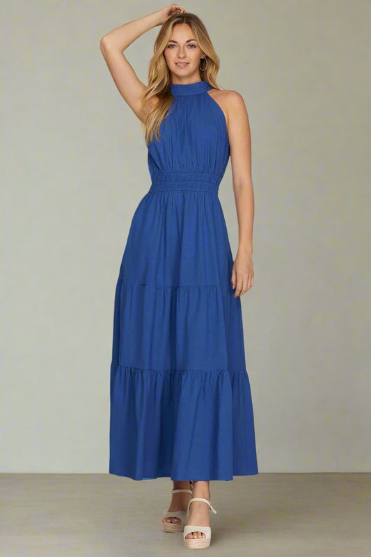 Navy Halter Tiered Maxi Dress