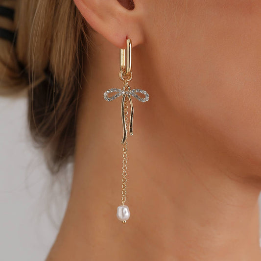 MKS America - Elegant Bow Tassel Earrings with Pearl and Rhinestones - Gold / M - Jolie Femme Boutique