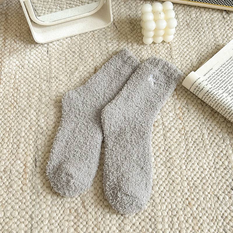 MKS America - Fluffy Bow Ribbon Coral Fleece Socks - BlueGrey / M - Jolie Femme Boutique