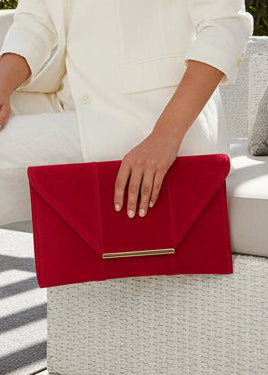 JNBFASHION.COM - Faux Microsuede Envelope Clutch - Gold Metal Hardware - RED - Jolie Femme Boutique