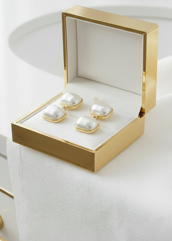 What's Hot - Rectangle Double Pearl and Gold 1.5" Earring - Jolie Femme Boutique