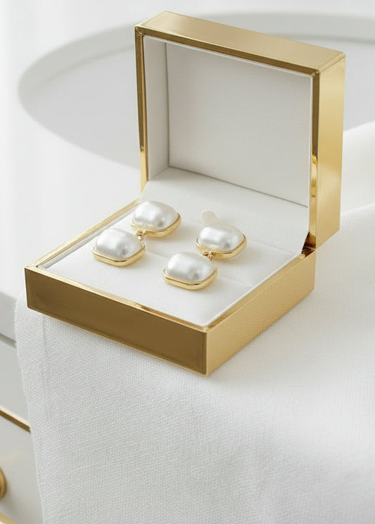 What's Hot - Rectangle Double Pearl and Gold 1.5" Earring - Jolie Femme Boutique