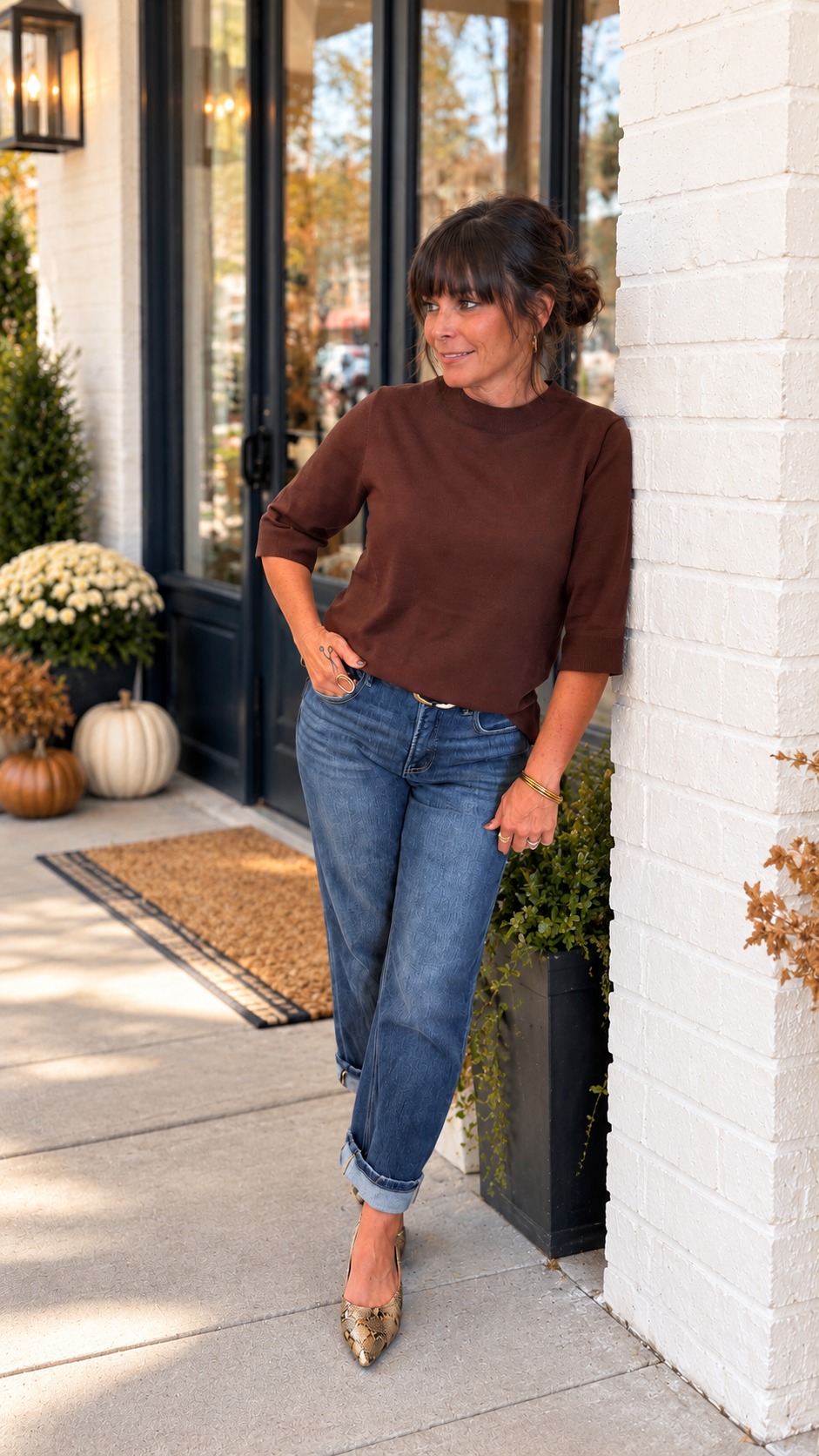 Chocolate short sleeve knit top by Jolie Femme Boutique, featuring a soft knit texture and classic crew neckline