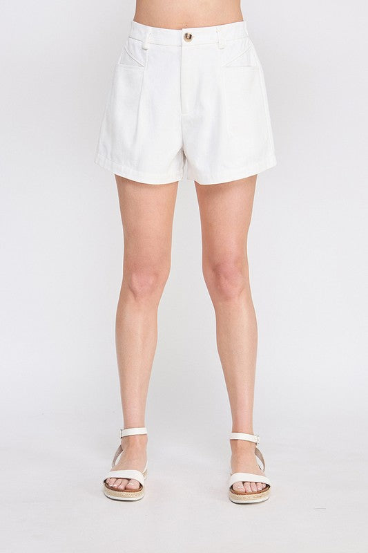 Twill Box Pleat Off White Shorts